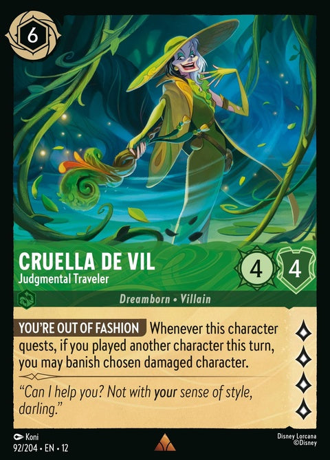 Disney Lorcana Cruella De Vil Judgmental Traveler single card featuring Cruella with a stern expression, collectible card game art.