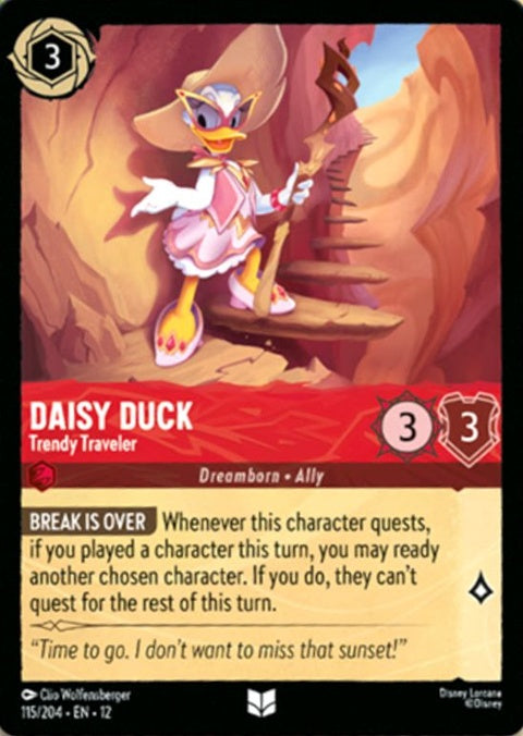 Daisy Duck Trendy Traveler Disney Lorcana singles card featuring Daisy Duck in stylish travel attire.