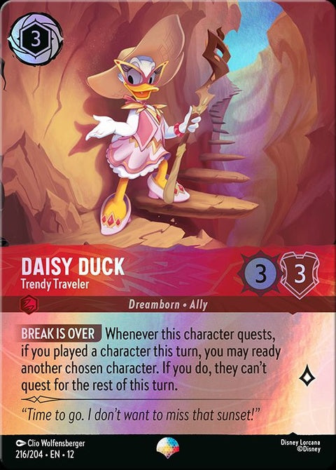 Daisy Duck from Disney Lorcana Trendy Traveler series, collectible singles card with colorful illustration.