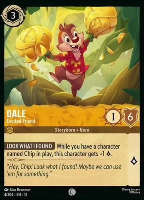 Disney Lorcana Dale Excited Friend Singles card featuring Dale with a joyful expression and vibrant artwork.