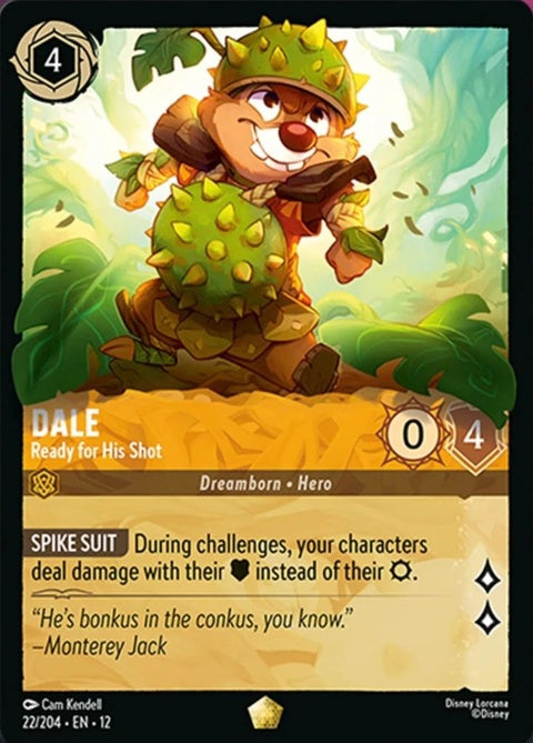 Disney Lorcana Dale Ready For His Shot singles card featuring Dale in a dynamic pose with vibrant colors and detailed artwork.