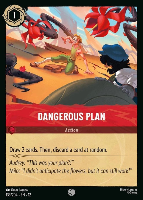 Disney Lorcana Dangerous Plan single card featuring vibrant artwork and detailed illustrations on a collectible gaming card.