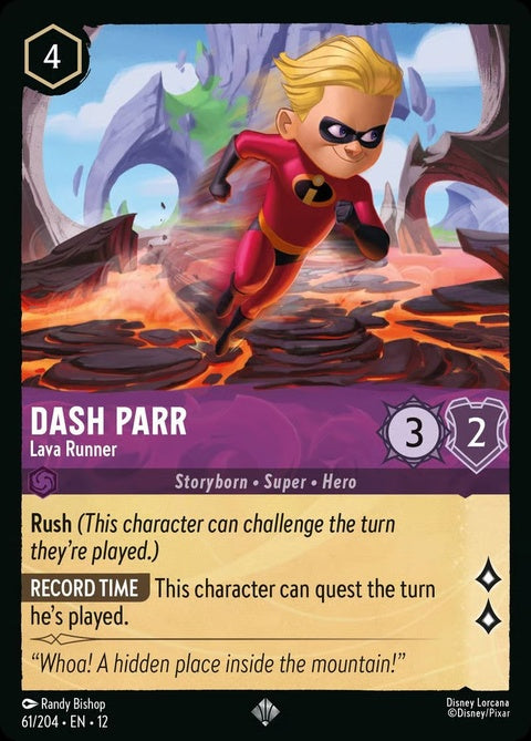 Dash Parr from Disney Lorcana Lava Runner singles card, featuring vibrant character artwork on a colorful game card.