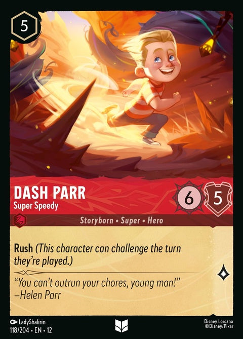 Dash Parr from Disney Lorcana Super Speedy singles card featuring Dash in a dynamic pose with vibrant colors and detailed artwork.