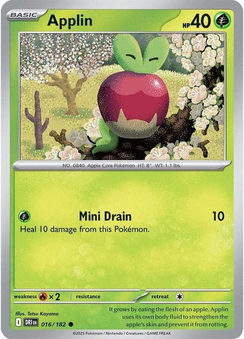 Pokémon Destined Rivals Applin single card, featuring colorful artwork of the Grass and Dragon type Pokémon.