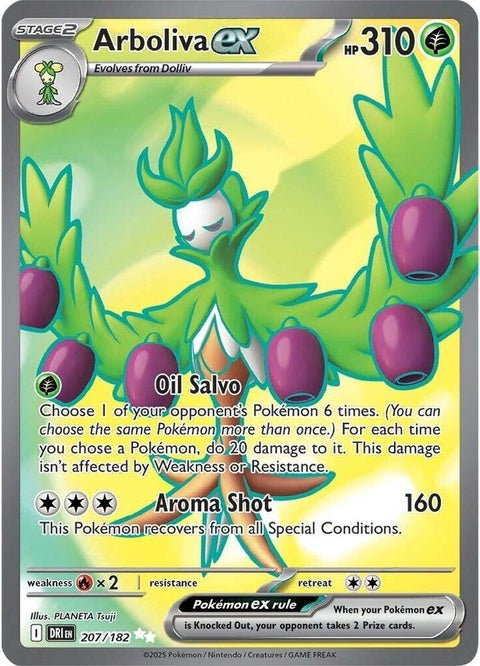 Pokémon Destined Rivals Arboliva EX Pokémon card from the singles collection, featuring detailed artwork of the grass-type Pokémon.