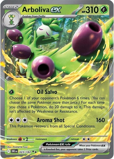 Pokémon Destined Rivals Arboliva EX Pokémon card from the singles collection, featuring detailed artwork of Arboliva.
