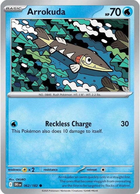 Pokémon Destined Rivals Arrokuda 62 single card featuring Arrokuda in dynamic pose from the Pokémon TCG.