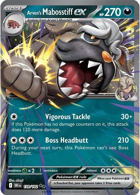 Pokémon Destined Rivals Arven's Mabosstiff EX singles card, featuring detailed artwork of the dark-type Pokémon.