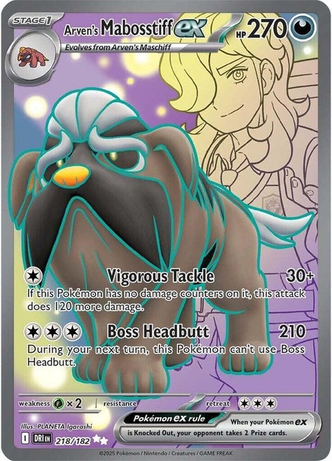 Pokémon Destined Rivals Arven's Mabosstiff EX single card featuring detailed artwork of the Pokémon Mabosstiff from the Pokémon trading card game.