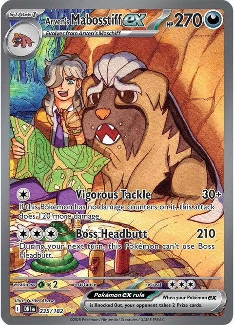 Pokémon Destined Rivals Arven's Mabosstiff EX single card displayed with artwork and branding on a white background.