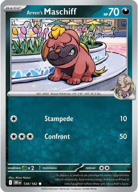 Pokémon Destined Rivals Arven's Maschiff single card, detailed illustration featuring the Pokémon mascot from the Destined Rivals set.