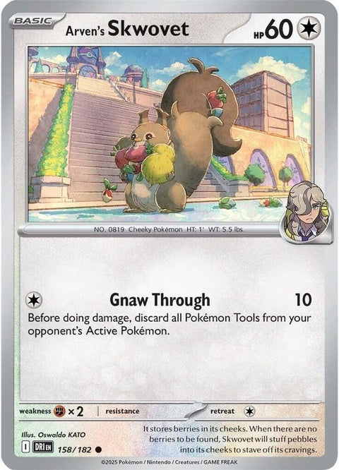 Pokémon Destined Rivals Arven's Skwovet card from the Singles collection, featuring detailed artwork of the squirrel-like Pokémon.