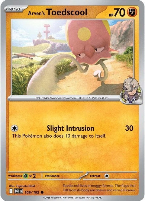 Pokémon Destined Rivals Arven's Toedscool single card, detailed illustration of the Pokémon with vibrant colors.