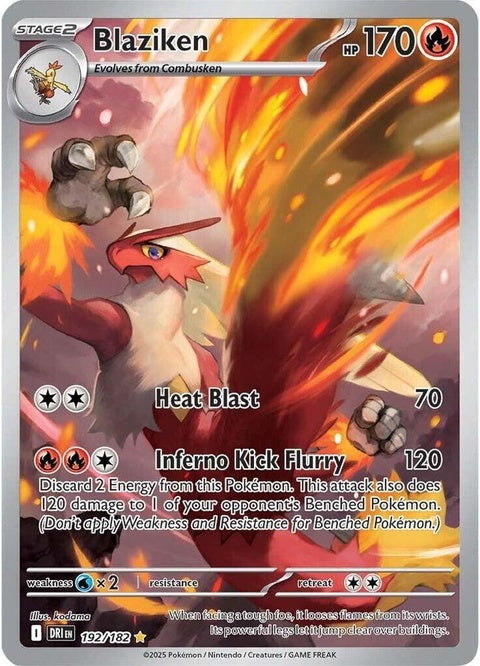 Pokémon Destined Rivals Blaziken card from Singles set, featuring a fiery fighting Pokémon in dynamic pose.