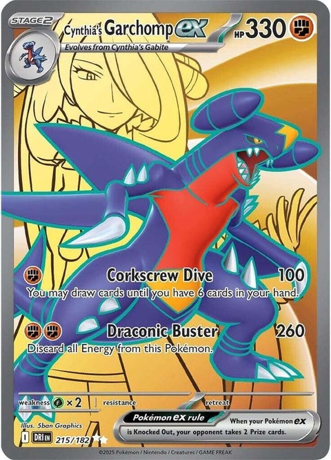 Pokémon Destined Rivals Cynthia's Garchomp EX card, single Pokémon trading card featuring Garchomp in dynamic pose.