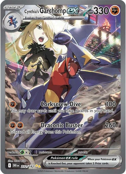 Pokémon Destined Rivals Cynthia's Garchomp EX card from the Singles collection, featuring Garchomp in a dynamic pose.