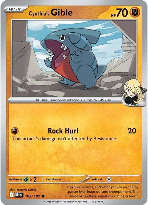 Pokémon Destined Rivals Cynthia's Gible single card, featuring Gible in a dynamic pose on a colorful background.