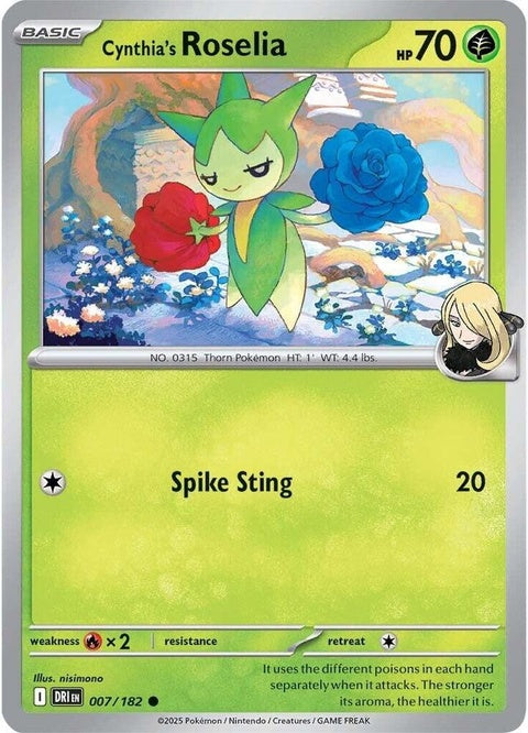 Pokémon Destined Rivals Cynthia's Roselia single card featuring a detailed illustration of Roselia from the Pokémon trading card game.