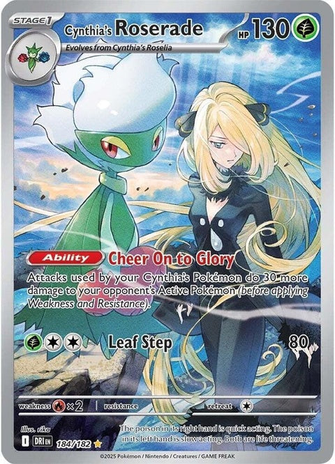 Pokémon Singles card featuring Cynthia's Roserade from Destined Rivals set, detailed illustration of a grass and poison-type Pokémon.
