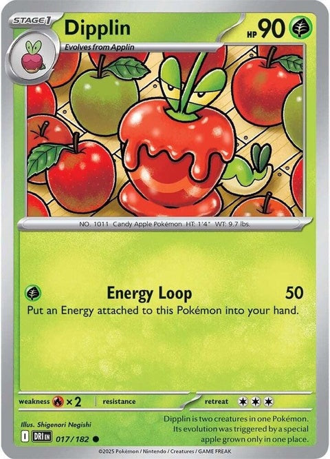 Pokémon Destined Rivals Dipplin 17 trading card, featuring colorful artwork of the Pokémon on a vibrant background.