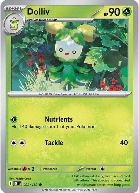 Pokémon Destined Rivals Dolliv 22 singles card featuring vibrant artwork of the Pokémon Dolliv in a dynamic pose.
