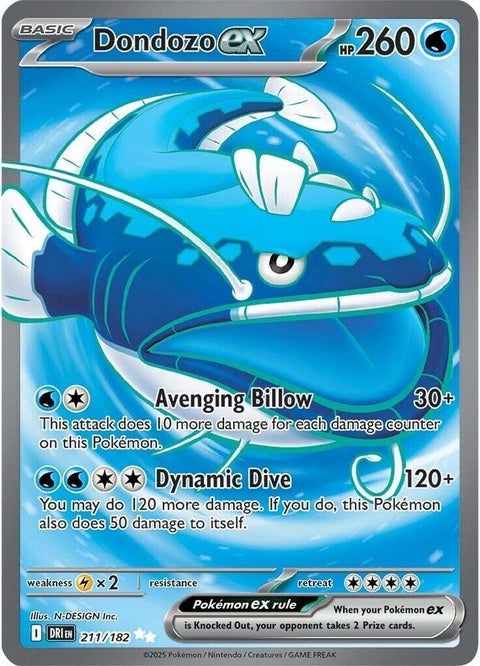 Pokémon Destined Rivals Dondozo EX card from the Singles set, featuring detailed artwork and vibrant design.