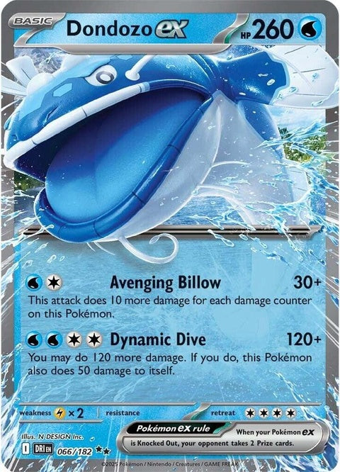 Pokémon Destined Rivals Dondozo Ex Pokémon card from the Singles set, featuring a detailed illustration of Dondozo Ex.