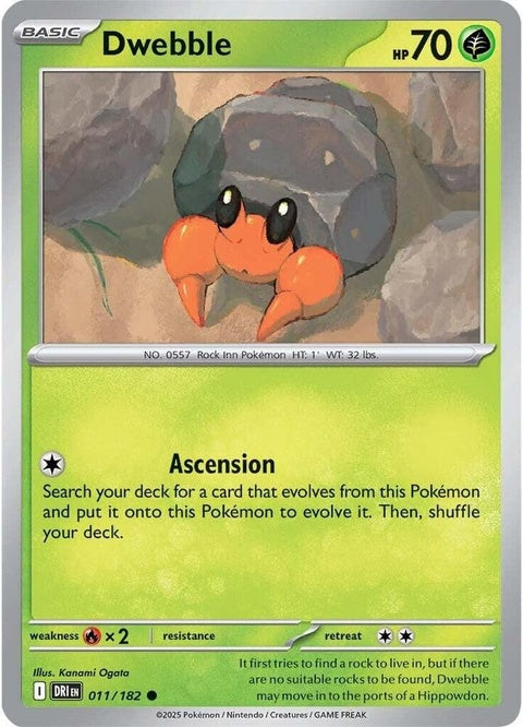 Pokémon Destined Rivals Dwebble single card, featuring Dwebble in a dynamic pose on the Pokémon card.