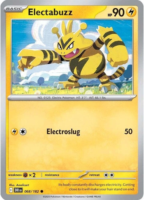 Electabuzz Pokémon card from Destined Rivals set, featuring electric-type Pokémon with dynamic artwork.