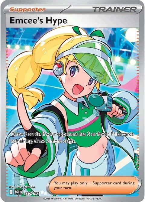 Pokémon Destined Rivals Emcee's Hype 220 singles trading card featuring dynamic artwork of two Pokémon rivals in action.
