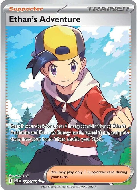 Pokémon Destined Rivals Ethan's Adventure 221 singles card featuring artwork of Ethan from the Pokémon series.