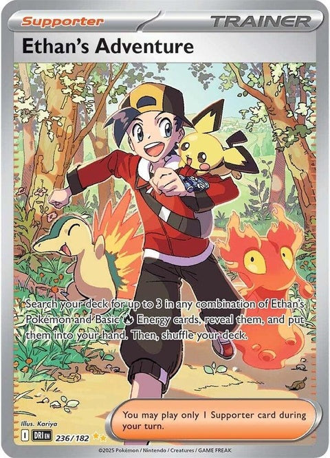 Pokémon Singles card Destined Rivals - Ethan's Adventure from the Pokémon TCG series featuring vibrant artwork and game details.