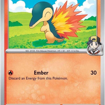 Pokémon Destined Rivals Ethan's Cyndaquil trading card from the Singles collection, featuring a fiery Cyndaquil illustration.