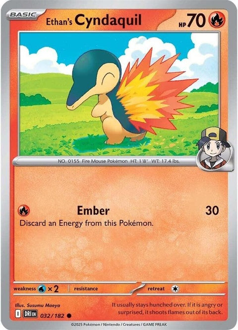 Pokémon Destined Rivals Ethan's Cyndaquil trading card from the Singles collection, featuring a fiery Cyndaquil illustration.