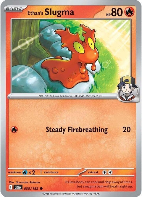 Pokémon Destined Rivals Ethan's Slugma 35 card from the Singles collection, featuring a fiery Slugma Pokémon illustration.