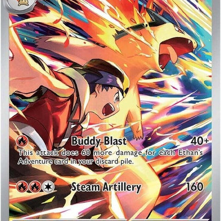 Pokémon Destined Rivals Ethan's Typhlosion Pokémon card, featuring Typhlosion in a dynamic pose on a Pokémon Singles card.