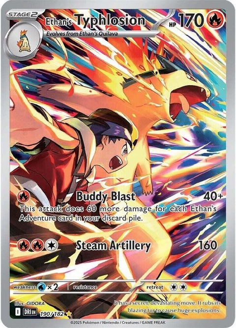 Pokémon Destined Rivals Ethan's Typhlosion Pokémon card, featuring Typhlosion in a dynamic pose on a Pokémon Singles card.