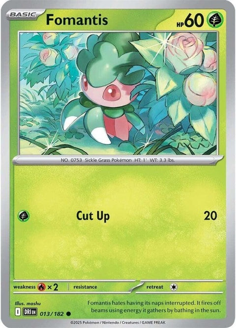 Pokémon Destined Rivals Fomantis single card, detailed illustration, vibrant green and white design, collectible trading card.
