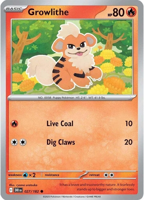 Pokémon Destined Rivals Growlithe trading card from the Singles series, featuring a vibrant illustration of Growlithe.