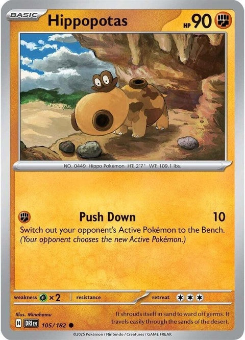Pokémon Destined Rivals Hippopotas 105 single card featuring a brown Hippopotamus Pokémon with sandy background.