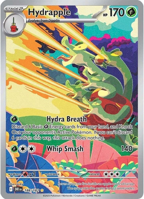 Pokémon Destined Rivals Hydrapple 188 single card featuring artwork of a water-type Pokémon with blue and green design elements.