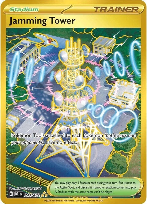 Pokémon Destined Rivals Jamming Tower singles card featuring vibrant artwork and collectible design.