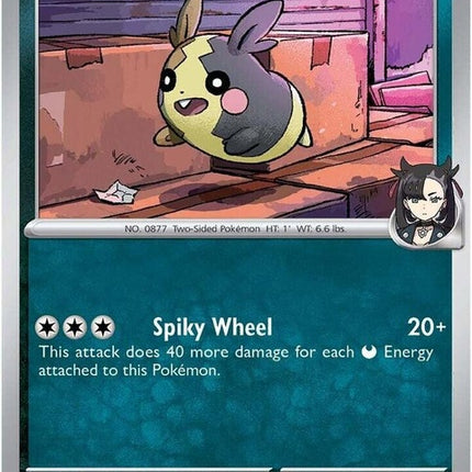 Pokémon Destined Rivals Marnie's Morpeko single card featuring Marnie and Morpeko in vibrant artwork.