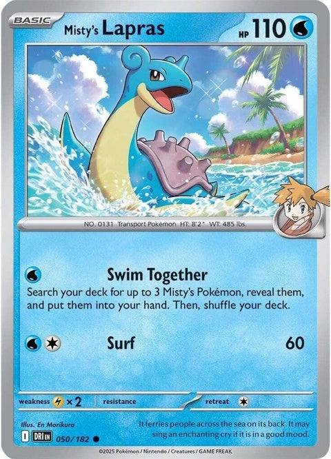Pokémon Destined Rivals Misty's Lapras trading card from the Singles collection, featuring Lapras illustration and branding.
