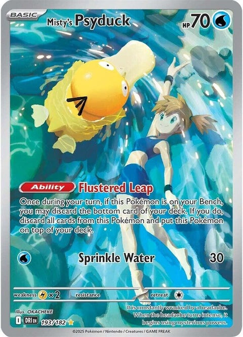 Pokémon Destined Rivals Misty's Psyduck single card from the Pokémon TCG, featuring Psyduck in a dynamic pose.