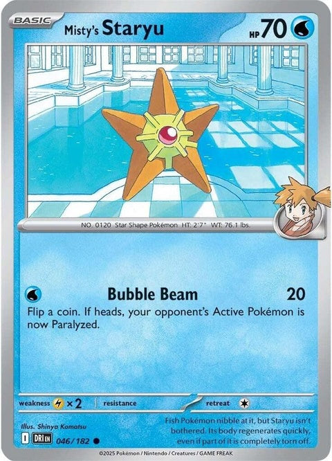 Pokémon Destined Rivals Misty's Staryu trading card, featuring Staryu in an action pose on a vibrant background.