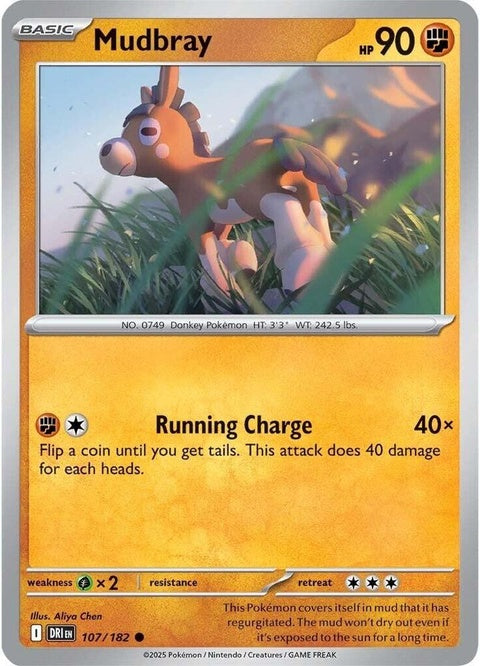 Pokémon Destined Rivals Mudbray 107 single card featuring Mudbray, a Pokémon with earthy brown body and distinctive markings.