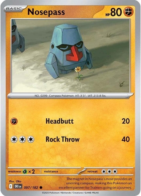 Pokémon Destined Rivals Nosepass 97 single card, detailed artwork featuring the Rock-type Pokémon from the Pokémon TCG.