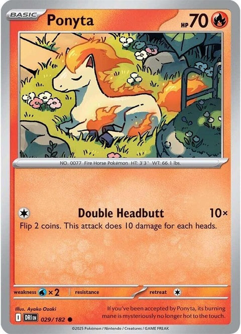 Pokémon Destined Rivals Ponyta card from the Singles collection, featuring vibrant artwork of a fiery horse.